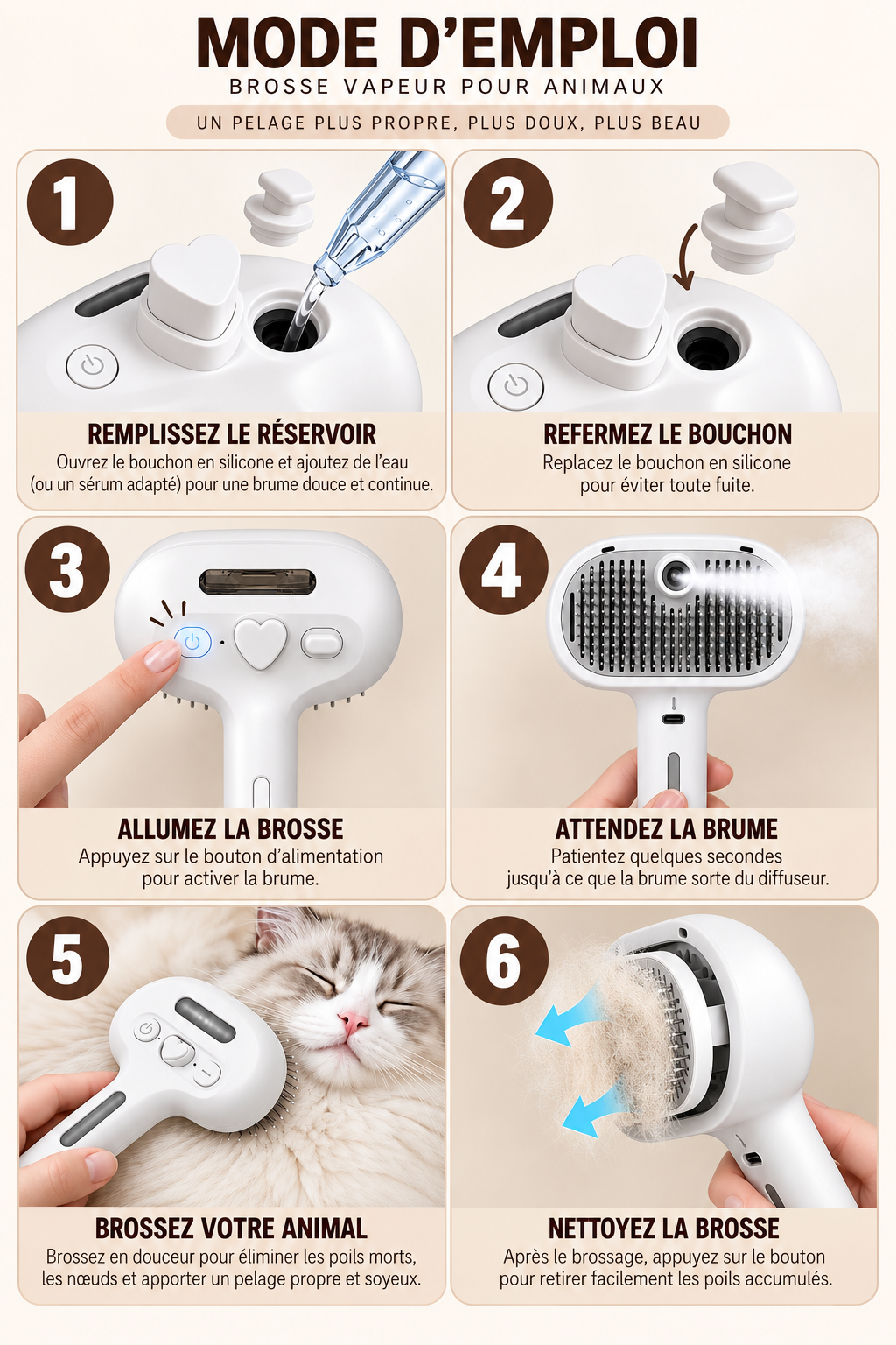Bouton cœur du Vapo'Câlin qui libère les poils accumulés dans la brosse