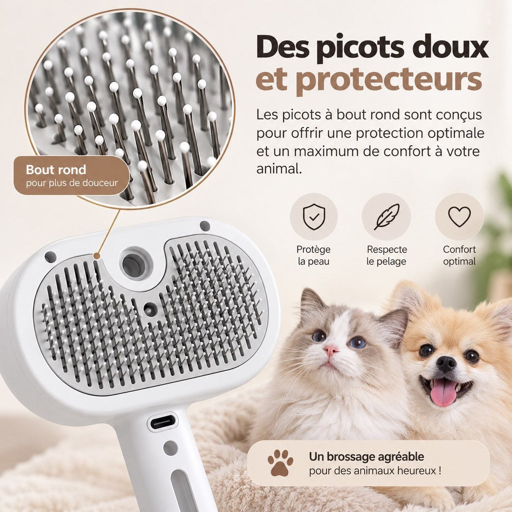 Utilisation de la brosse vapeur Vapo'Câlin sur le pelage d'un chat détendu