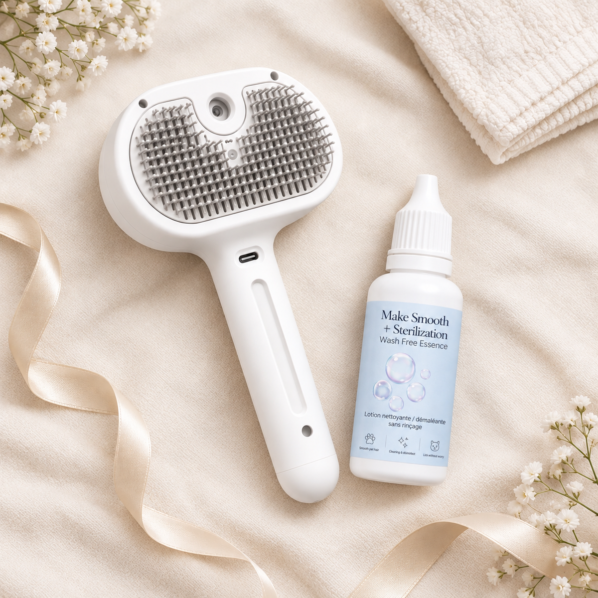 Contenu du Pack Spa Poil Soyeux - brosse à vapeur et flacon de lotion nettoyante sans rinçage