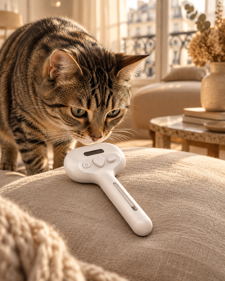 Chat tigré qui renifle une brosse à brume blanche posée près de lui