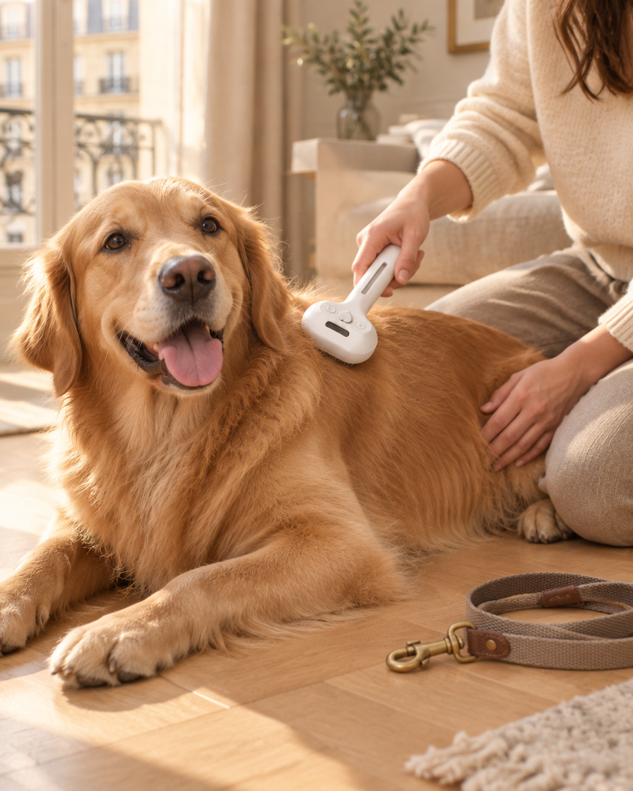 Golden retriever brossé après la promenade dans un salon lumineux