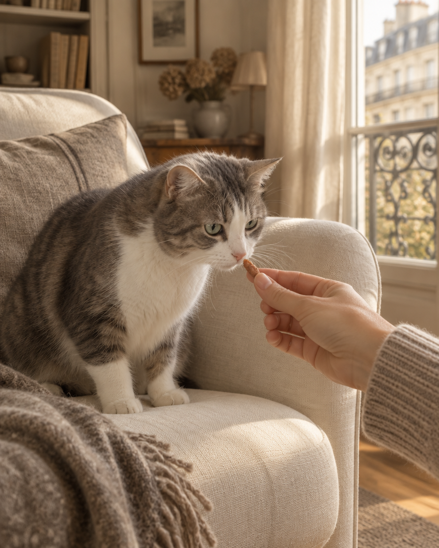 Friandise tendue à un chat méfiant pour l'habituer en douceur au brossage