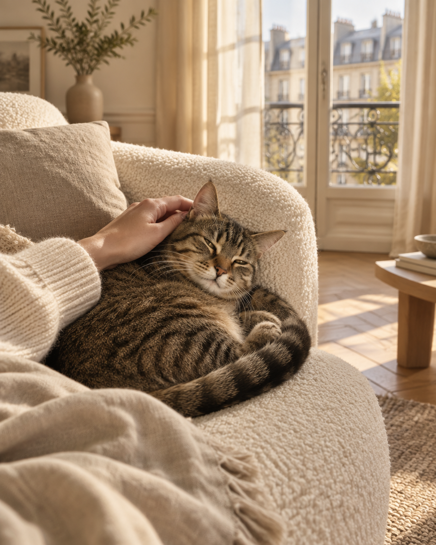Chat tigré détendu sur un canapé en bouclette, caressé dans la lumière dorée de fin d'après-midi