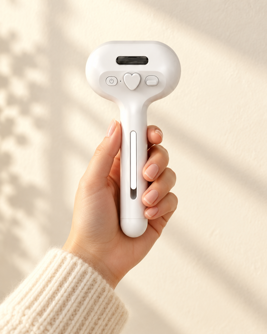 Brosse Vapo'Câlin tenue en main, pour montrer sa taille réelle