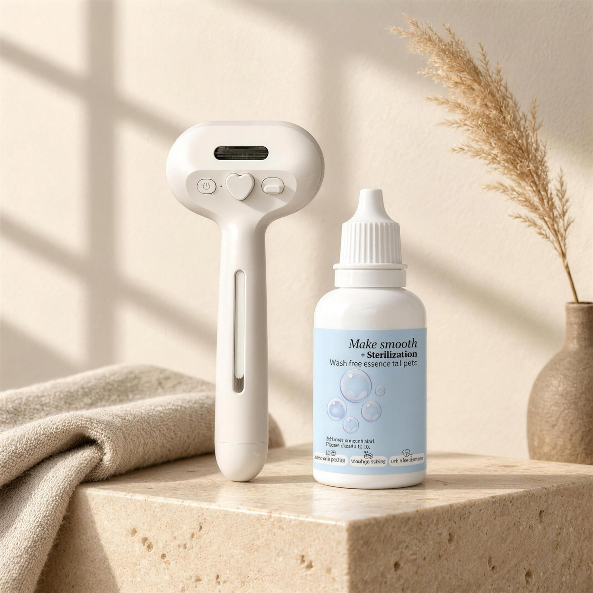 Pack Spa Poil Soyeux : brosse à brume Vapo'Câlin et flacon de lotion sur socle en travertin, lumière dorée