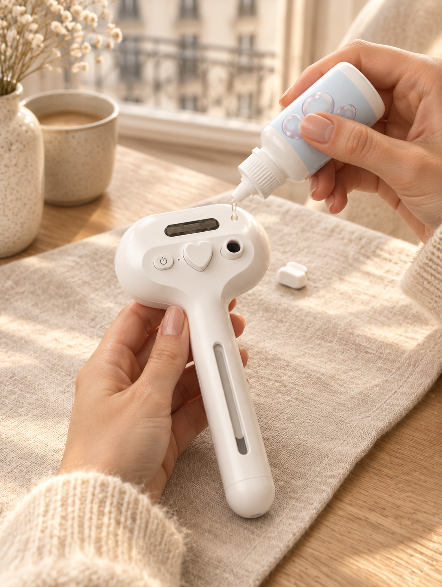 Quelques gouttes de lotion versées dans l'orifice de remplissage du Vapo'Câlin, à côté du bouton cœur