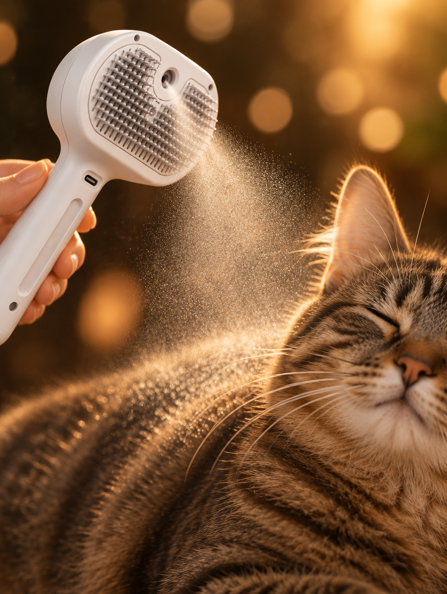 Fine brume du Vapo'Câlin sur le pelage d'un chat, lumière dorée